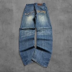 Y2K Embroidered Grunge KDS Japanese Baggy Wide Leg Denim Jeans Size 28x32